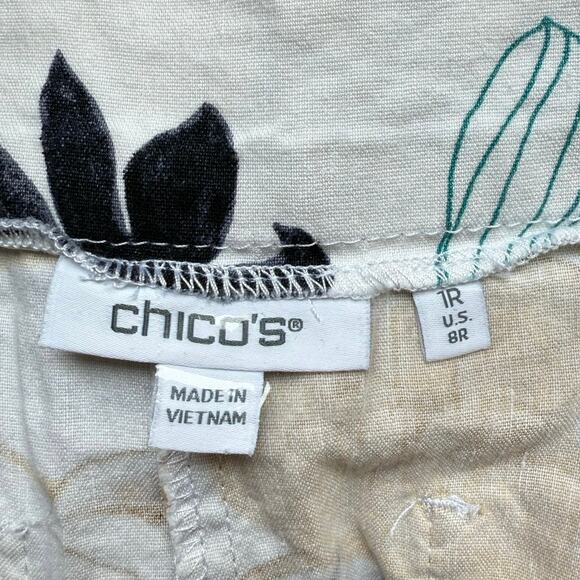 CHICO'S FLORAL LINEN BLEND PULL-ON PANTS WHITE GOLD BLACK BLUE SIZE 1R US 8R - Picture 7 of 9